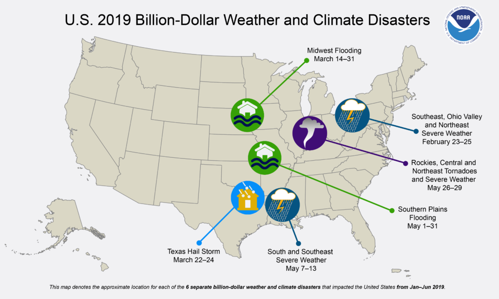 United States 2019 billion dollar disaster map